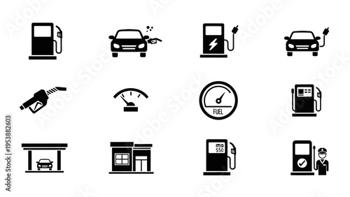 Gas Station and Electric Car Icons: Fueling, Charging, and Service