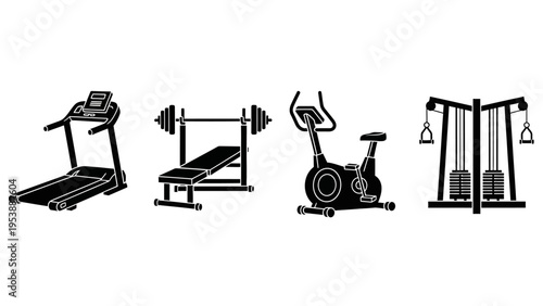 Gym Equipment Icons: Treadmill, Weight Bench, Exercise Bike, Cable Machine