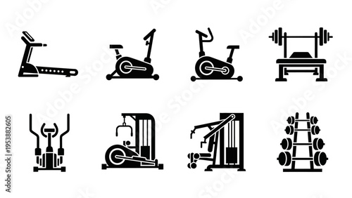 Gym Equipment Icons: Treadmill, Bikes, Weights, Machines