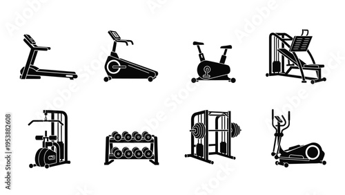 Gym Equipment Icons: Treadmill, Bike, Weights, Elliptical, Machines