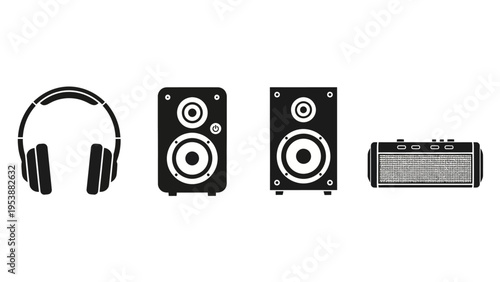 Headphones, Speakers, and Amplifier Icons: Music Audio Equipment Set