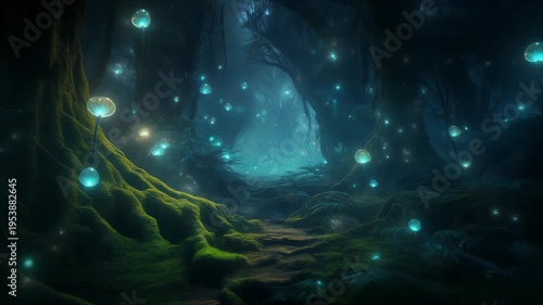 Glowing bioluminescent plants illuminate a mystical cave entrance with a winding path through nature