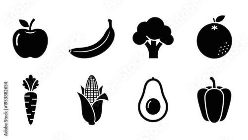 Healthy Food Icons: Apple, Banana, Broccoli, Orange, Carrot, Corn, Avocado, Pepper