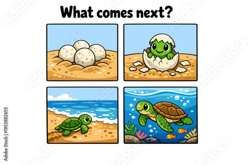 Cartoon turtle hatching from egg and swimming in the ocean - Concept of Educational game for children  