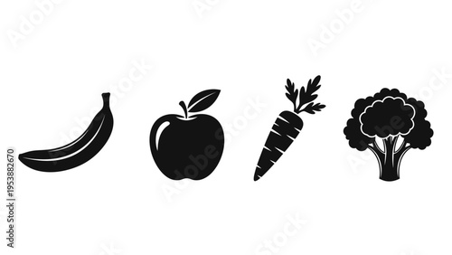 Healthy Food Icons: Banana, Apple, Carrot, Broccoli Silhouette on White Background