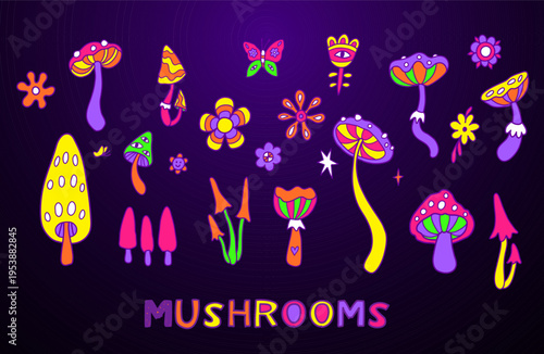 Psychedelic mushroom vector illustration with trippy line art elements. Mystical colorful fungi design. Perfect for posters, stickers, apparel, prints.