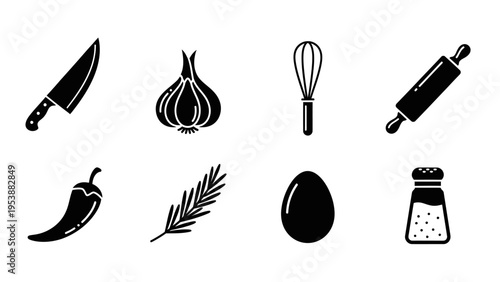Kitchen Icons: Knife, Garlic, Whisk, Rolling Pin, Chili, Rosemary, Egg, Salt Shaker