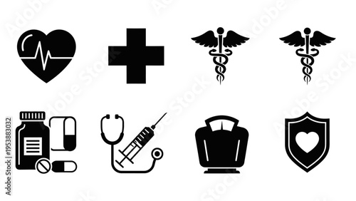 Medical Icons Set: Heartbeat, Cross, Caduceus, Pills, Syringe, Scale, Shield