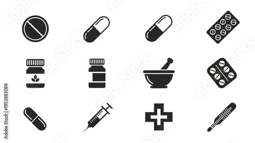 Medical Icons Set: Pills, Syringe, Mortar, Thermometer, Cross, Bottles