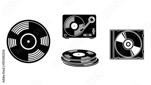 Music Media Icons: Vinyl Record, Turntable, Stack of Records, CD in Case