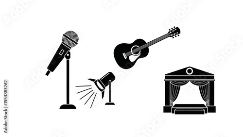 Music Performance Stage Setup: Microphone, Spotlight, Guitar, and Stage