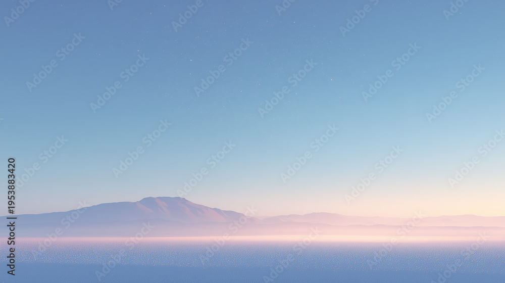 Fototapeta premium A serene landscape featuring a distant mountain under a clear blue sky. Soft pastel colors blend at the horizon, creating a tranquil atmosphere.