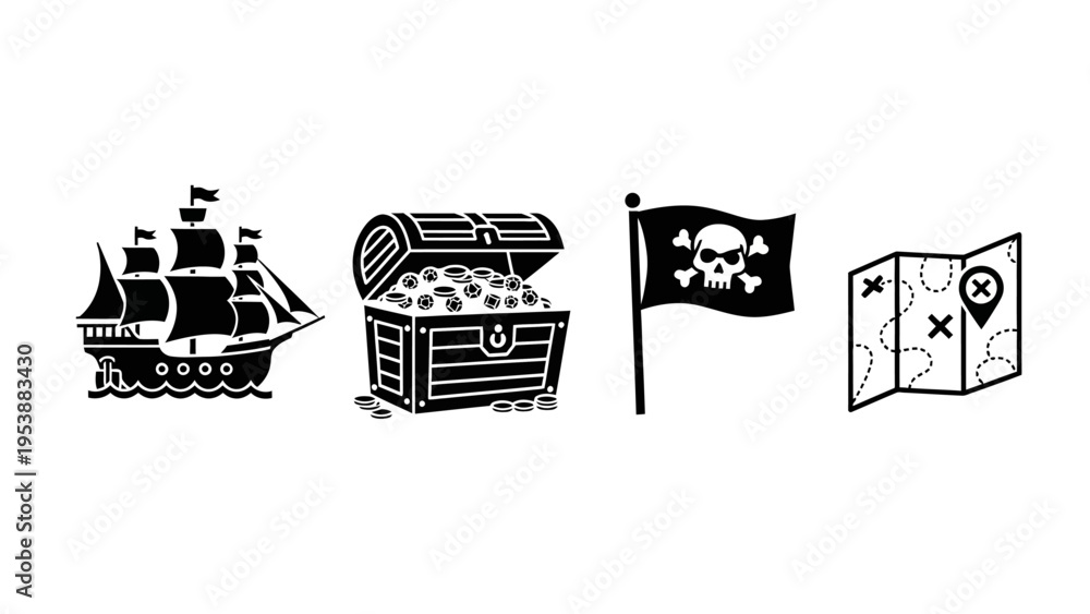 Obraz premium Pirate Icons: Ship, Treasure Chest, Jolly Roger Flag, and Treasure Map