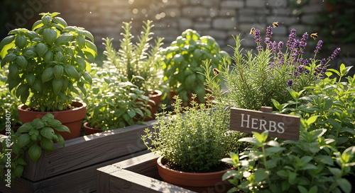 A vibrant and aromatic collection of fresh culinary herbs flourishing in a sunny garden