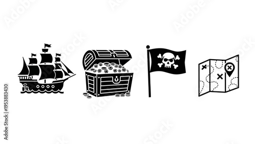 Pirate Icons: Ship, Treasure Chest, Jolly Roger Flag, and Treasure Map