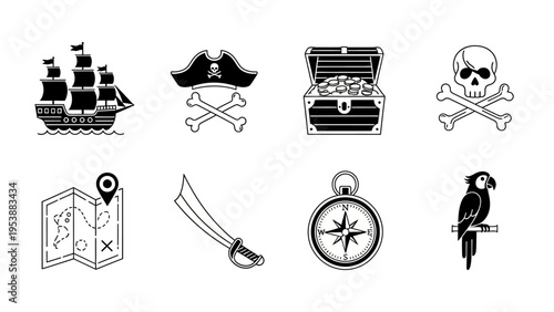 Pirate Icons: Ship, Treasure Chest, Skull, Map, Sword, Compass, Parrot