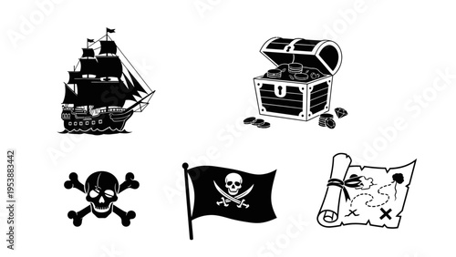 Pirate Icons: Ship, Treasure Chest, Skull Flag, Map, and Jolly Roger