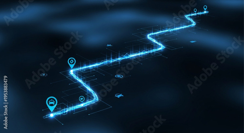Futuristic Route Visualization - Glowing Path with Location Markers.