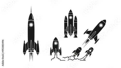 Rocket Launch Collection: Silhouettes of Spaceships Ascending into Space
