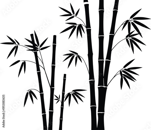 Black bamboo silhouette with leaves and stalks for zen nature background, Asian oriental design, eco-friendly branding, and tropical forest landscape concepts.