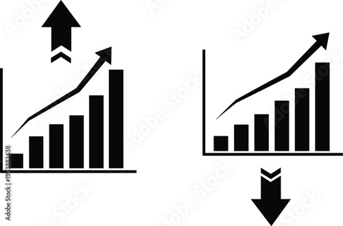 Black business growth icons showing upward bar charts and arrow indicators for financial success market analysis and data profit reports.
