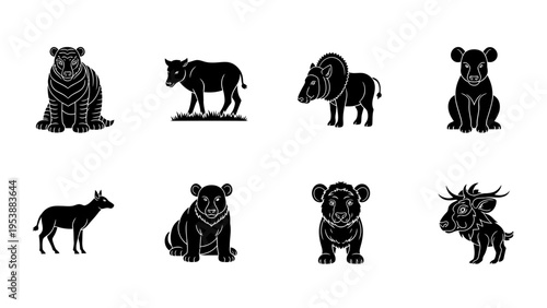 Set of African Wildlife Icons: Tiger, Buffalo, Warthog, Koala, Antelope, Bear Cub, Lion Cub, Wildebeest