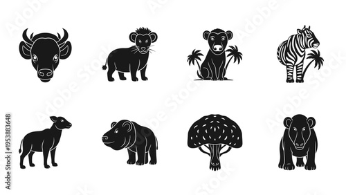 Set of African Animals and Nature Icons: Bull, Lion Cub, Monkey, Zebra, Sheep, Hippo, Tree, Bear