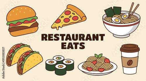 Popular restaurant eats: burger, pizza, ramen, tacos, sushi, pasta, and coffee