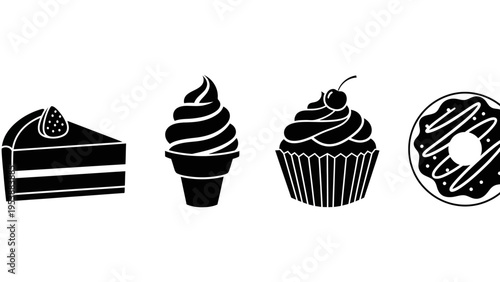 Set of black icons: cake slice, ice cream, cupcake, donut on white background
