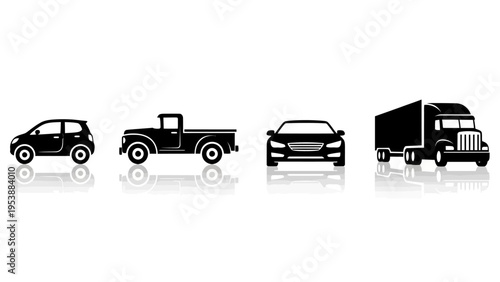 Set of black vehicle icons: car, pickup truck, sedan, and semi-trailer truck