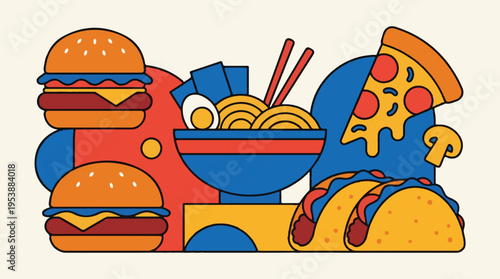 Vibrant graphic illustration of popular fast food and comfort dishes