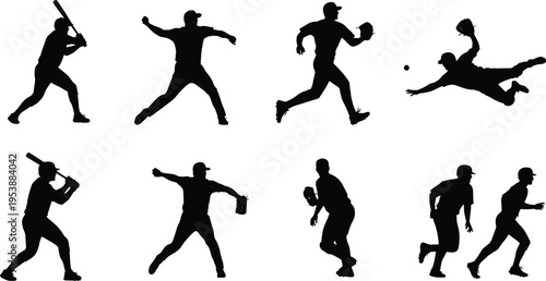 Black silhouette collection of professional baseball players in action poses like batting pitching catching and running on a white background.