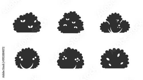 Set of Bush Icons: Simple Silhouette Illustrations of Greenery