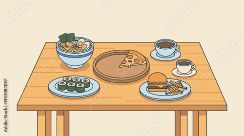 Delicious meal spread with pizza, ramen, sushi, burger, and coffee on a table
