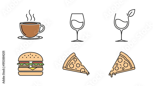 Set of food and drink icons: coffee, wine, burger, pizza