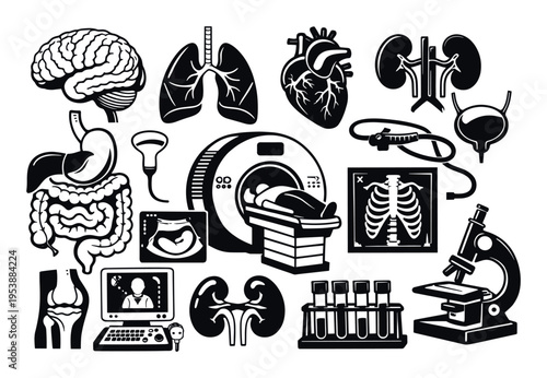 Set of human internal organs and various medical examination tools, including MRI, ultrasound, X-ray, and laboratory equipment