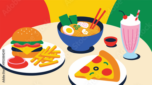Colorful illustration of diverse comfort foods: burger, ramen, pizza, milkshake