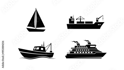 Set of four black and white boat icons: sailboat, cargo ship, fishing boat, cruise ship