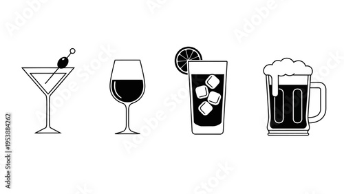 Set of four alcoholic and non-alcoholic drinks icons on white background