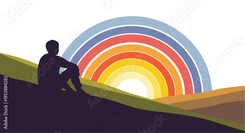 Silhouette on hillside with abstract rainbow and sunrise composition