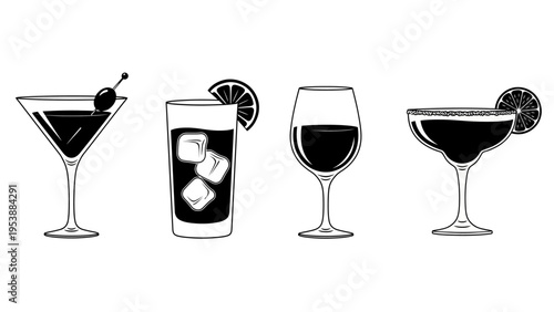 Set of four different cocktail glasses with drinks, black and white illustration