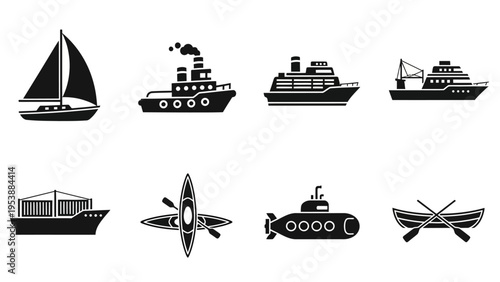 Set of nautical vessel icons: sailboat, tugboat, cruise ship, cargo ship, kayak, submarine, rowboat