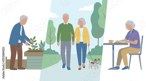 Seniors enjoying an active and peaceful lifestyle, featuring various daily activities