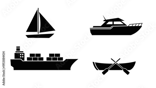 Set of Nautical Vessels: Sailboat, Yacht, Cargo Ship, and Rowboat Icons