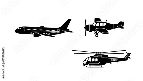 Set of Silhouettes: Airplane, Propeller Plane, and Helicopter