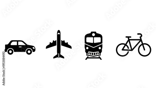Set of transportation icons: car, airplane, train, bicycle on white background