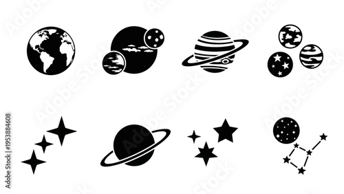 Space Icons: Planets, Stars, Earth, and Constellations Set