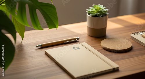 Sustainable and minimalist desk environment showcasing an eco-friendly recycled notebook