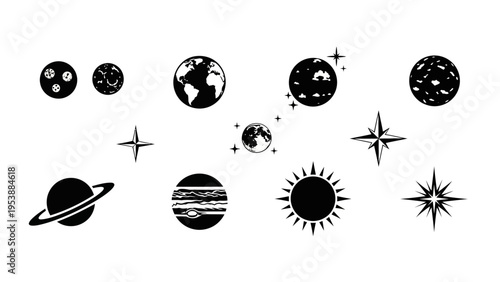 Space Icons: Planets, Sun, Earth, Saturn, Jupiter, Stars, Galaxy Elements