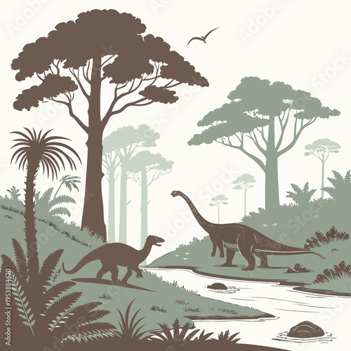 An illustration of two dinosaurs standing near a stream in a prehistoric forest with trees and plants all around them